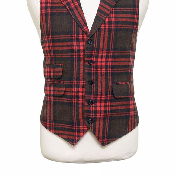 Mens Plaid Vest 44R Red Brown Wool Waistcoat XL Formal Wedding Groom Prom Party - Picture 5 of 9